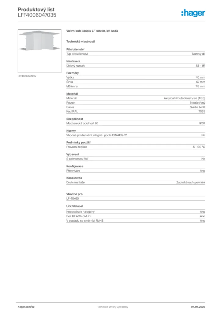Obrázek Hager Product data sheet LFF4006047035 | Hager