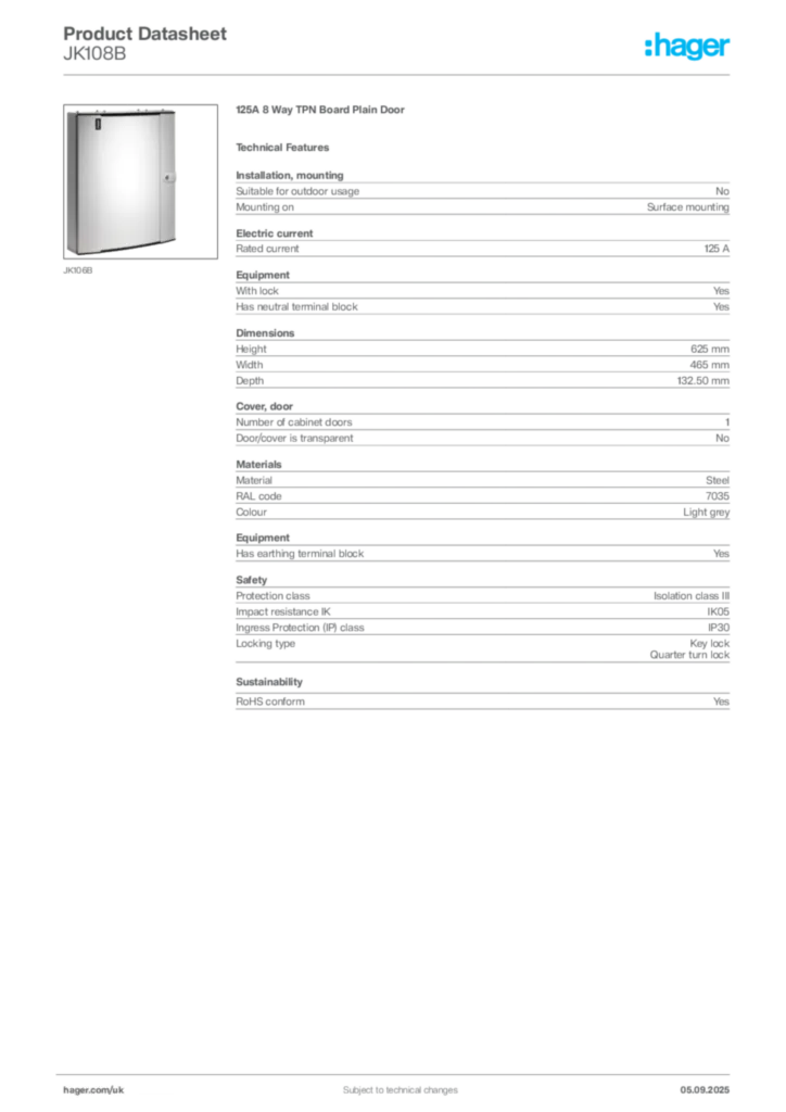 Image Hager Product data sheet JK108B  | Hager