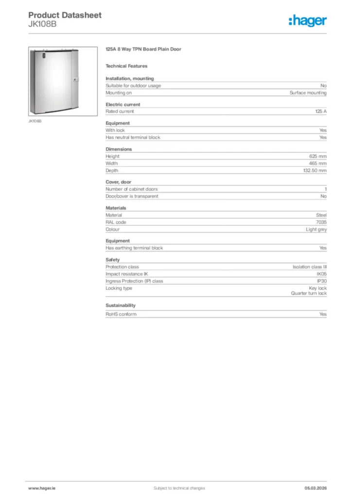 Image Hager Product data sheet JK108B  | Hager