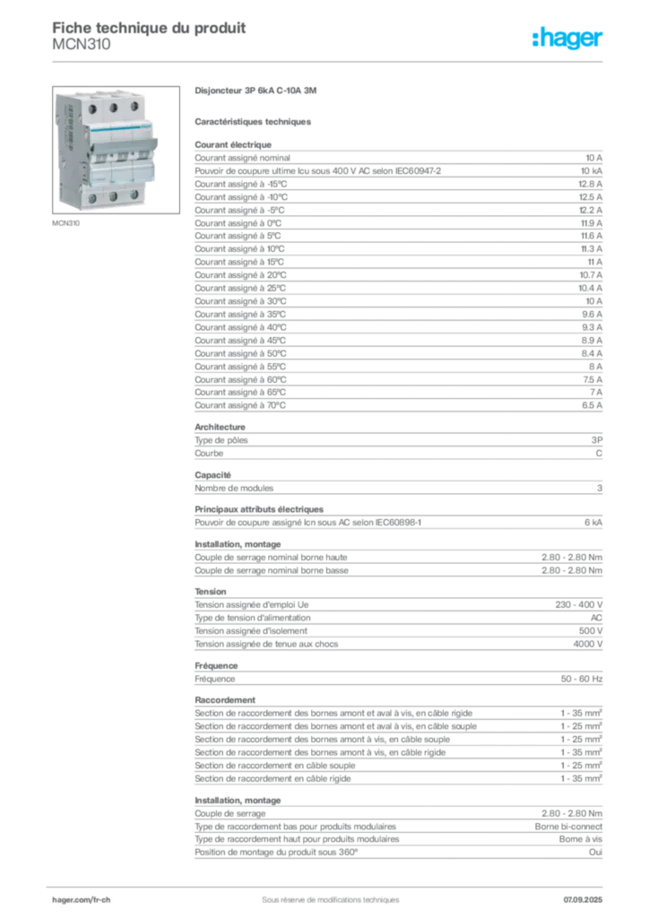 Image Hager Fiche technique du produit MCN310 | Hager Suisse