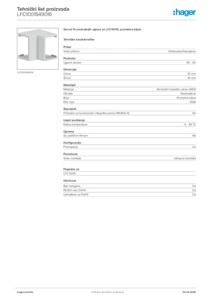 Slika Hager Tehnički list proizvoda LFC1001549016  | Hager