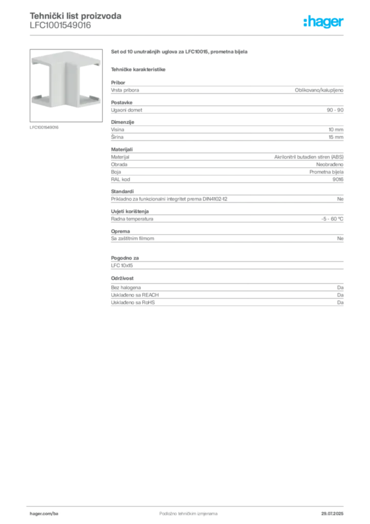 Slika Hager Product data sheet LFC1001549016  | Hager