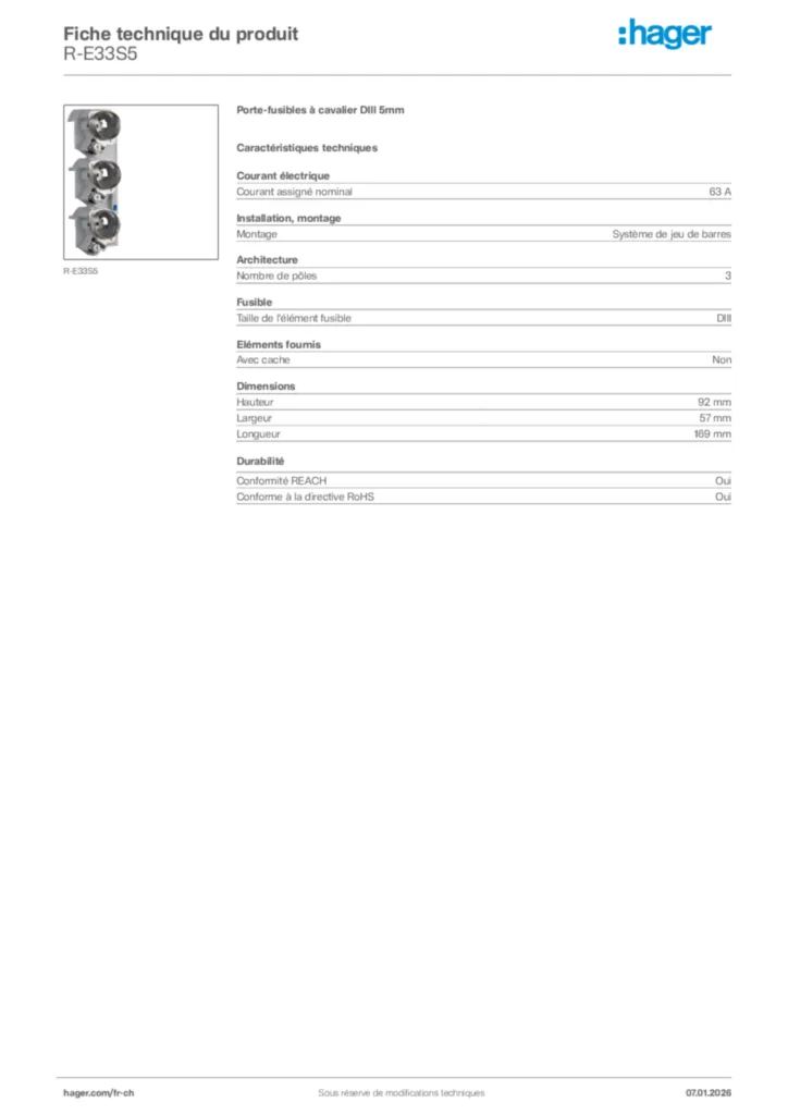 Image Hager Fiche technique du produit R-E33S5 | Hager Suisse