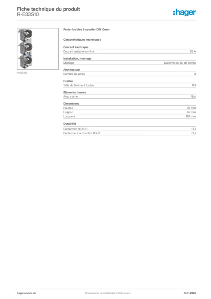 Image Hager Fiche technique du produit R-E33S10 | Hager Suisse