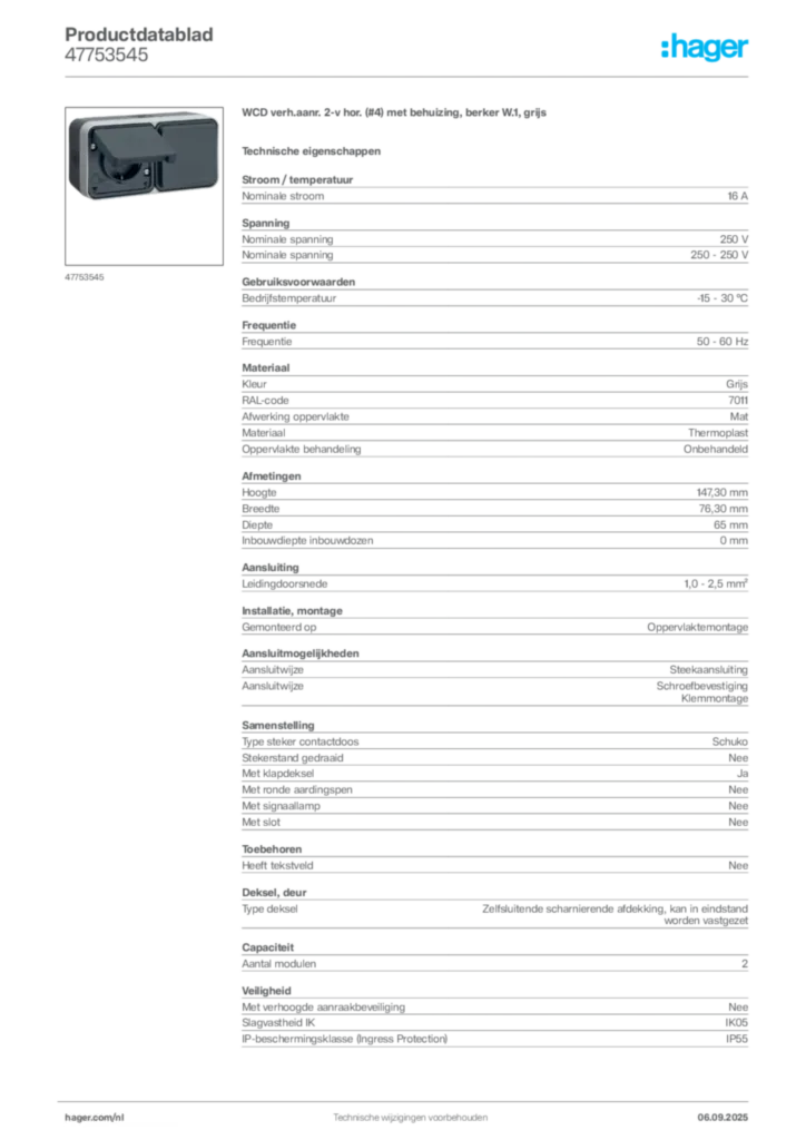 Afbeelding Hager Productdatablad 47753545 | Hager Nederland