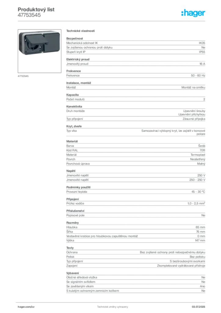 Obrázek Hager Produktový list 47753545 | Hager