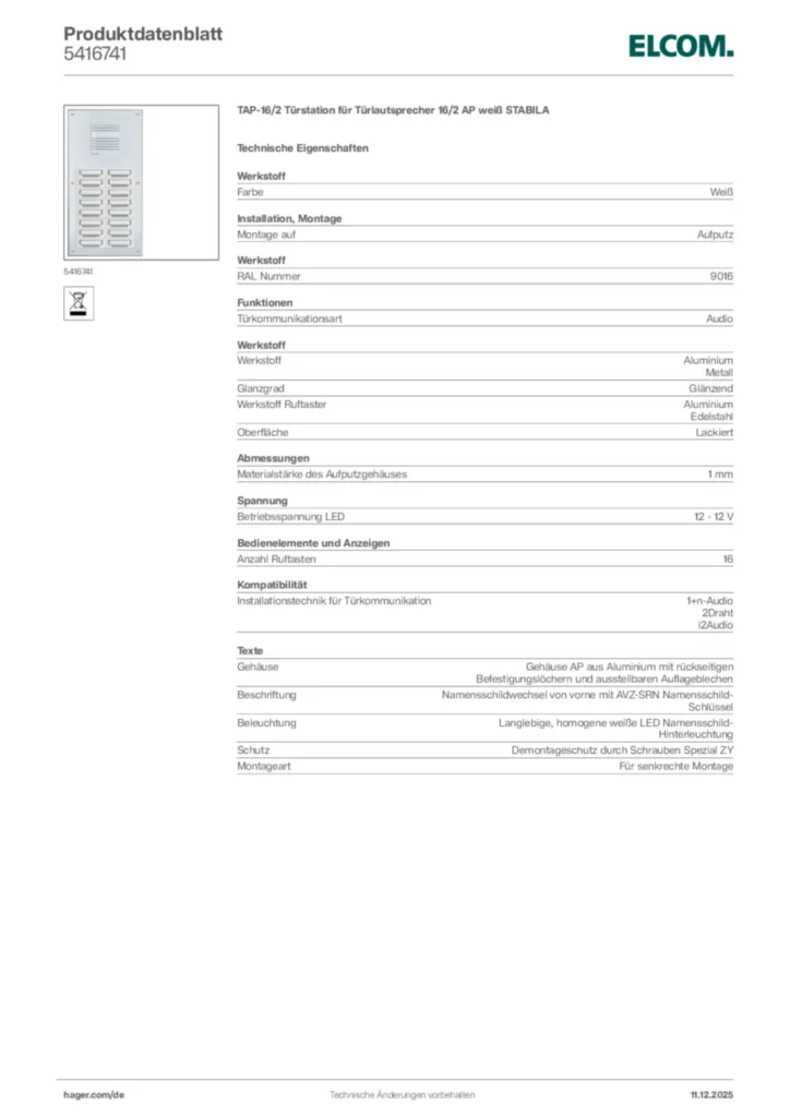 Bild Elcom Produktdatenblatt 5416741 | Hager Deutschland