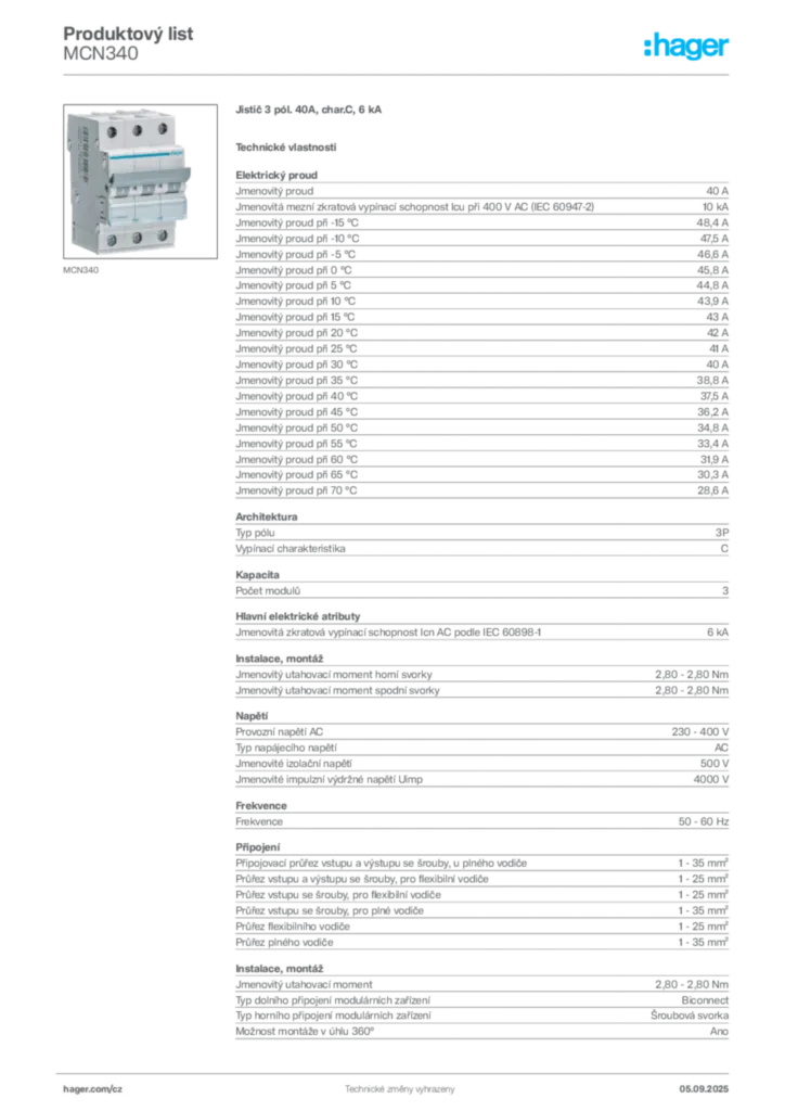 Obrázek Hager Produktový list MCN340 | Hager