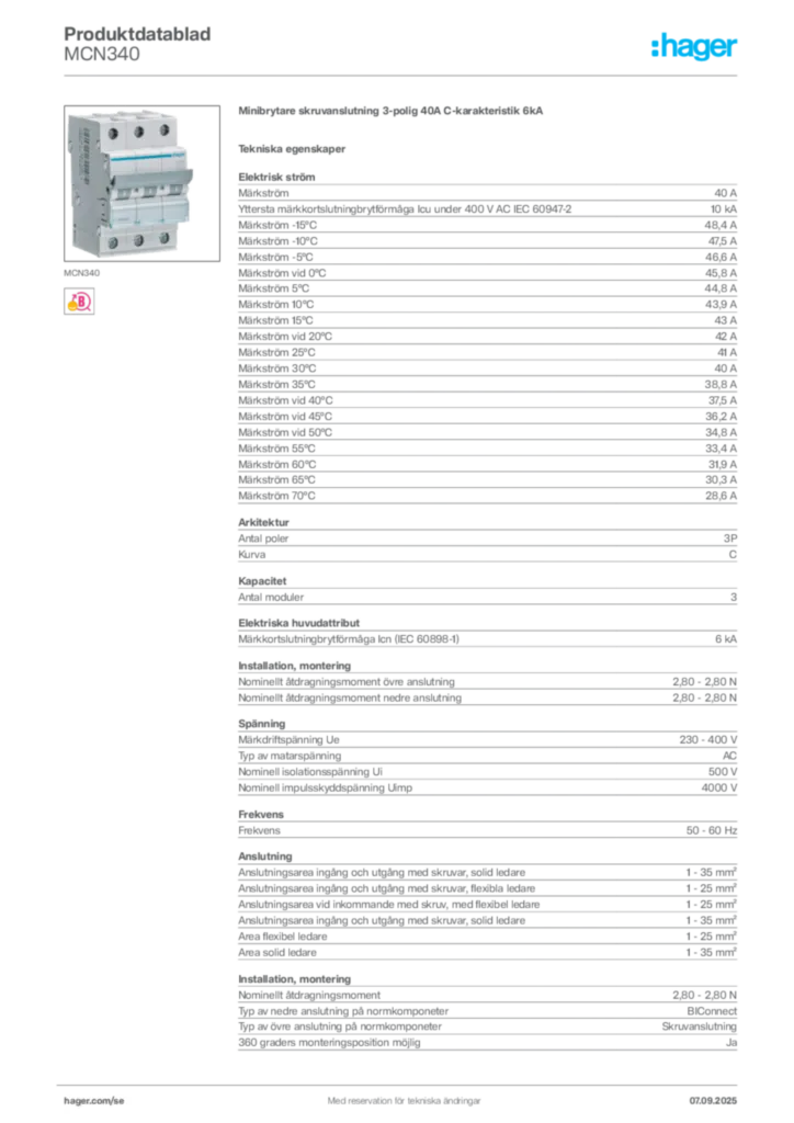 Bild Hager Produktdatablad MCN340 | Hager Sverige