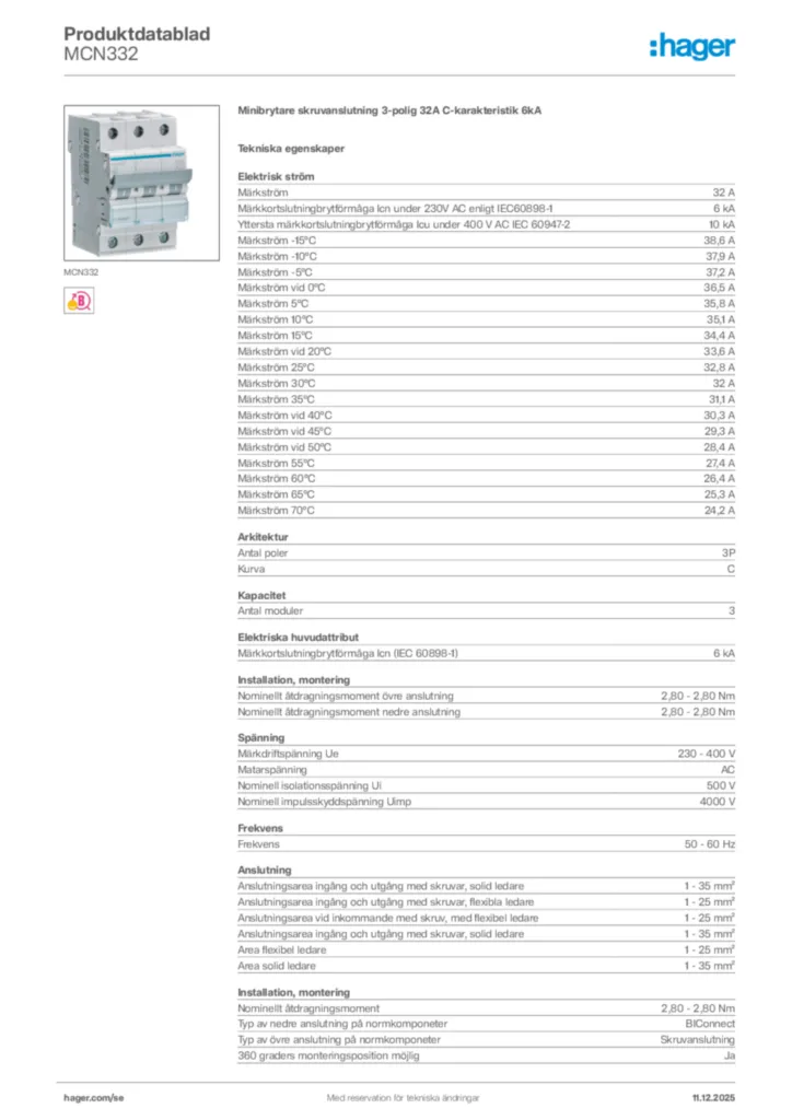 Bild Hager Produktdatablad MCN332 | Hager Sverige