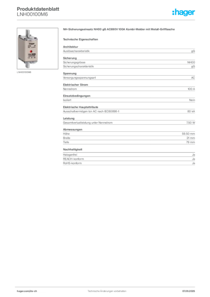 Bild Hager Produktdatenblatt LNH00100M6 | Hager Schweiz