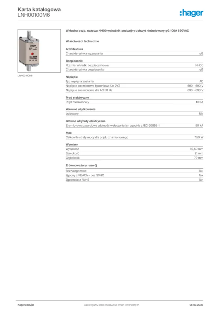 Zdjęcie Hager Karta katalogowa LNH00100M6 | Hager Polska