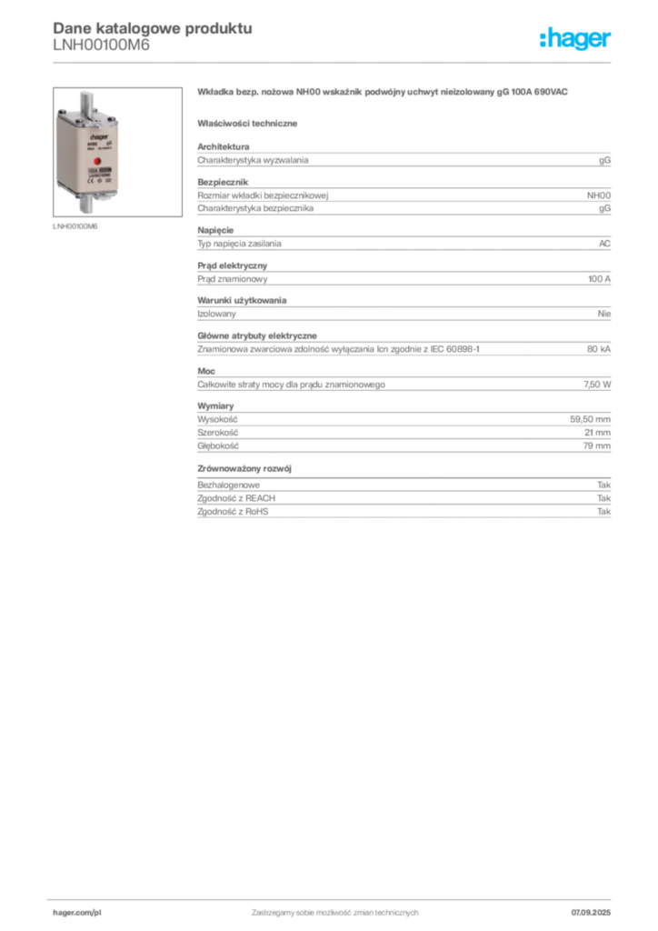 Zdjęcie Hager Dane katalogowe produktu LNH00100M6 | Hager Polska