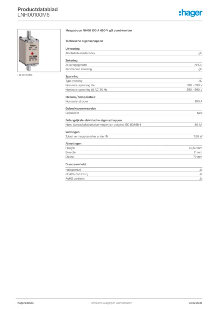 Afbeelding Hager Productdatablad LNH00100M6 | Hager Nederland