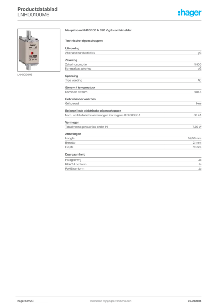 Afbeelding Hager Productdatablad LNH00100M6 | Hager Nederland