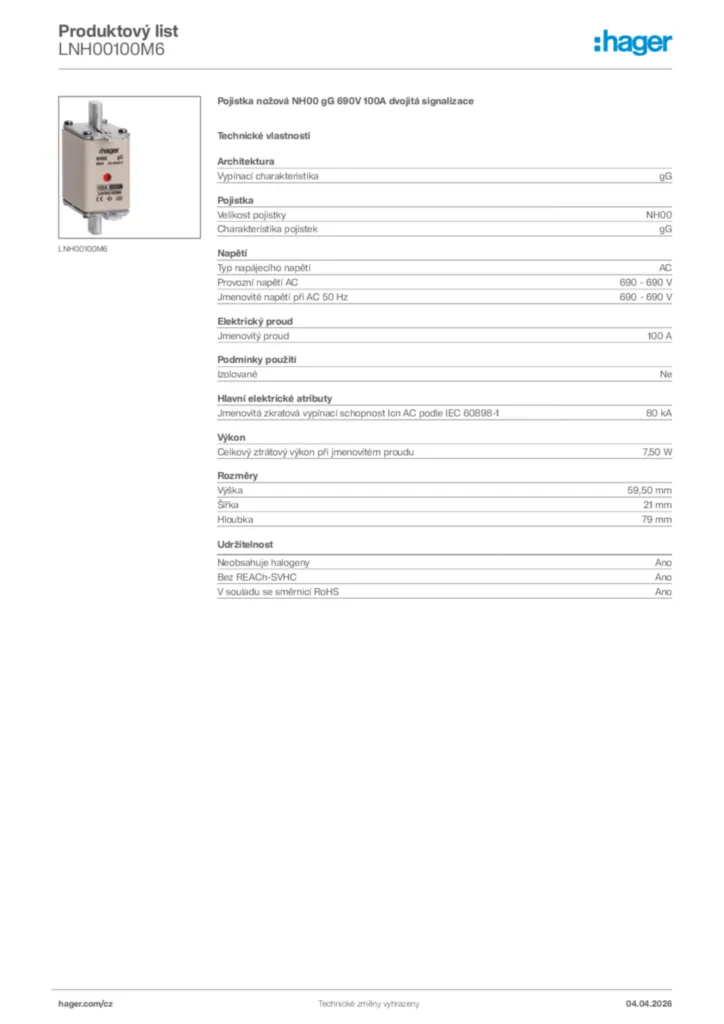 Obrázek Hager Product data sheet LNH00100M6 | Hager