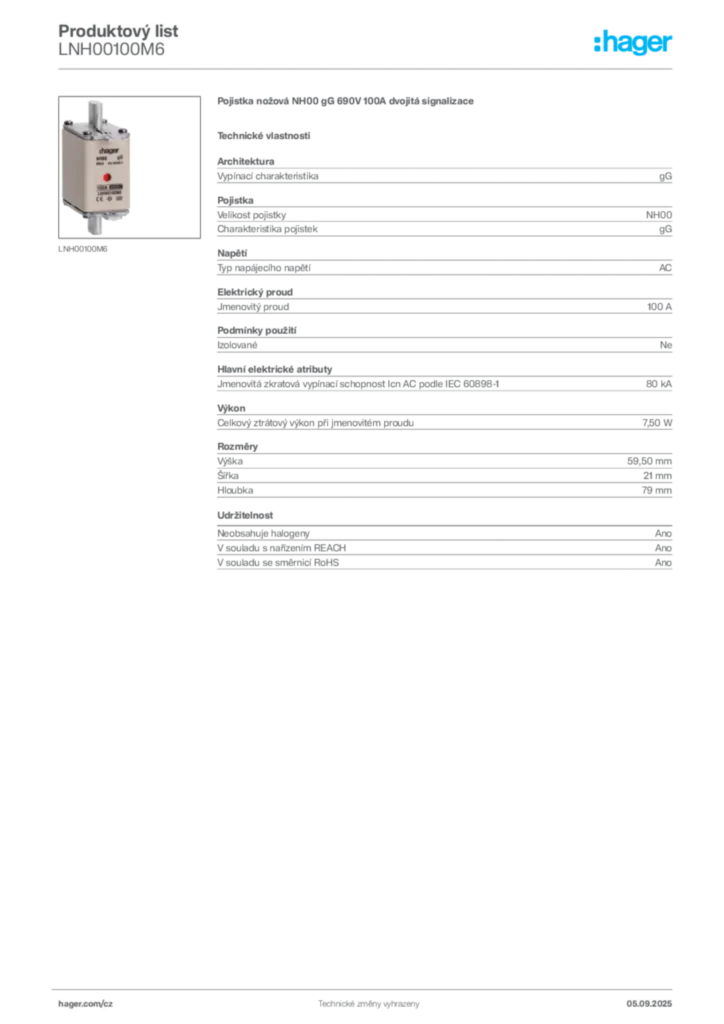 Obrázek Hager Produktový list LNH00100M6 | Hager