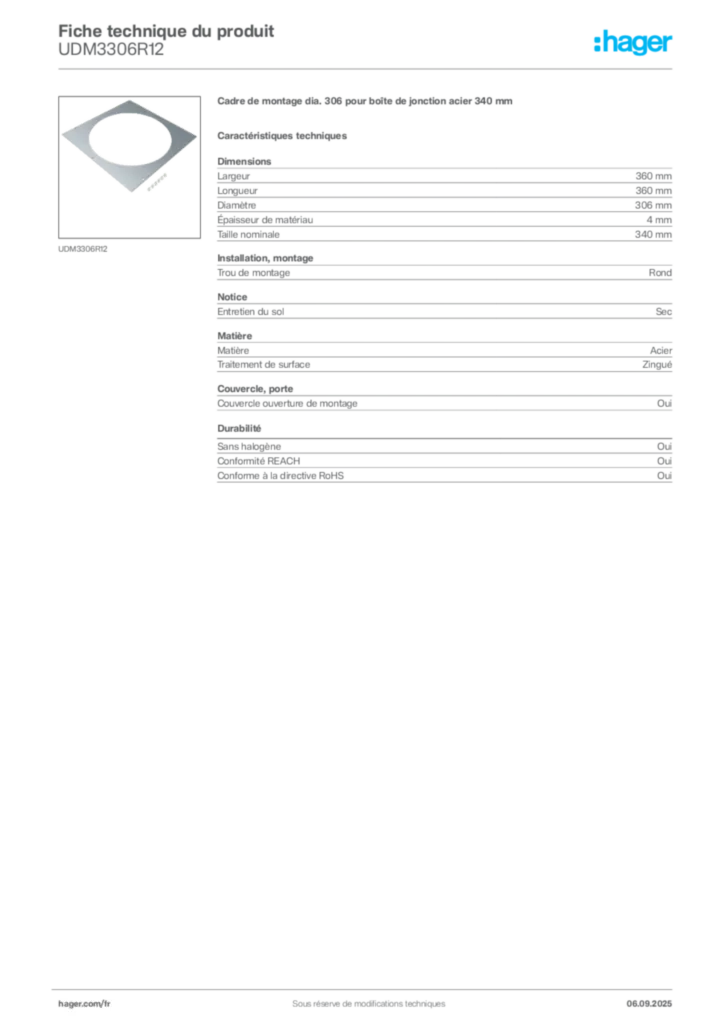 Image Hager Fiche technique du produit UDM3306R12 | Hager France