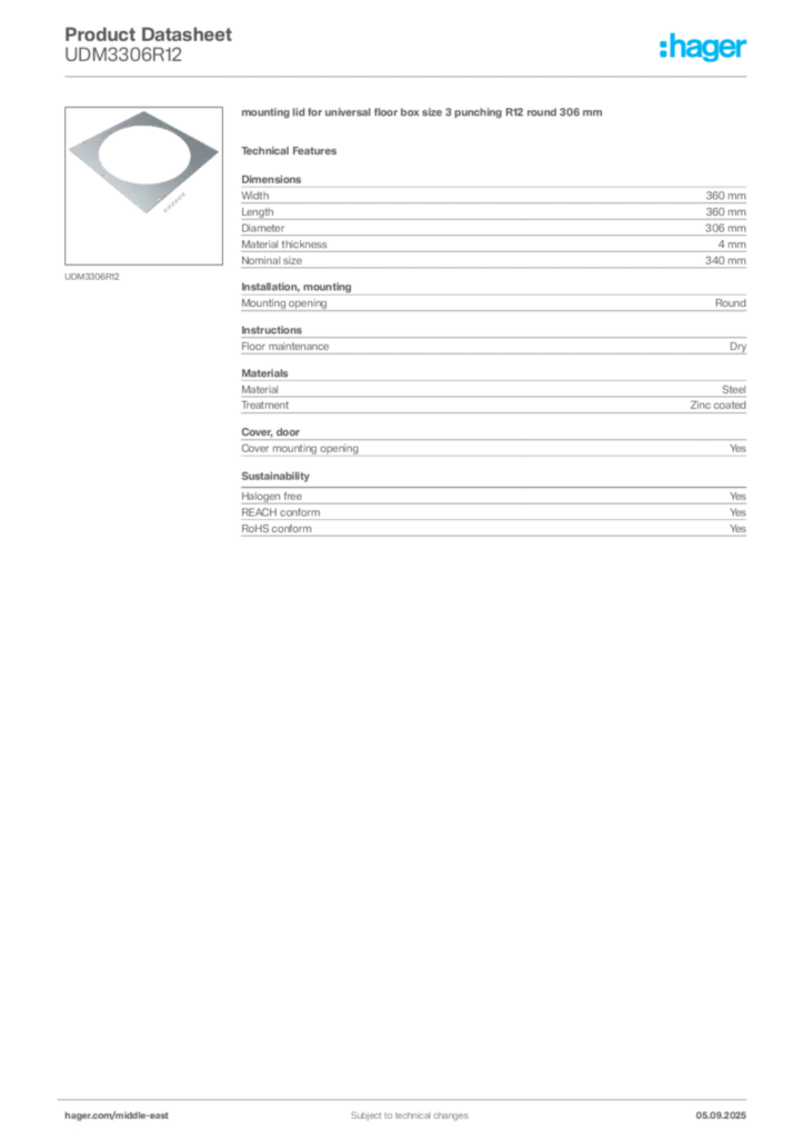 Image Hager Product data sheet UDM3306R12  | Hager