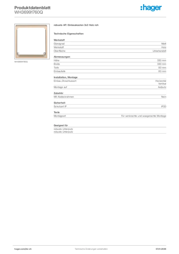 Bild Hager Produktdatenblatt WH36991760Q | Hager Schweiz