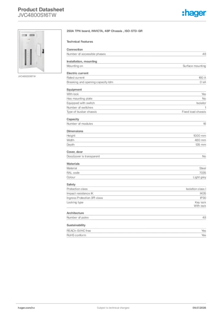 Image Hager Product data sheet JVC4800S16TW  | Hager New Zealand