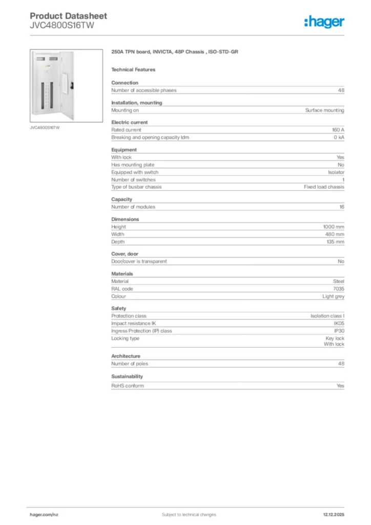 Image Hager Product data sheet JVC4800S16TW  | Hager New Zealand