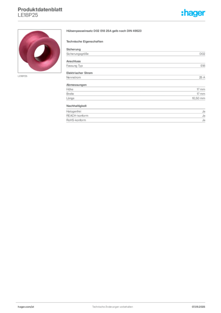 Bild Hager Produktdatenblatt LE18P25 | Hager Deutschland
