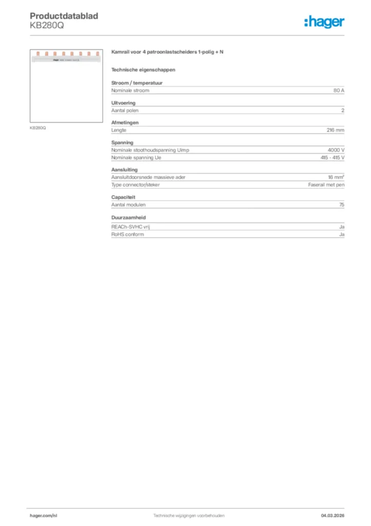 Afbeelding Hager Productdatablad KB280Q | Hager Nederland