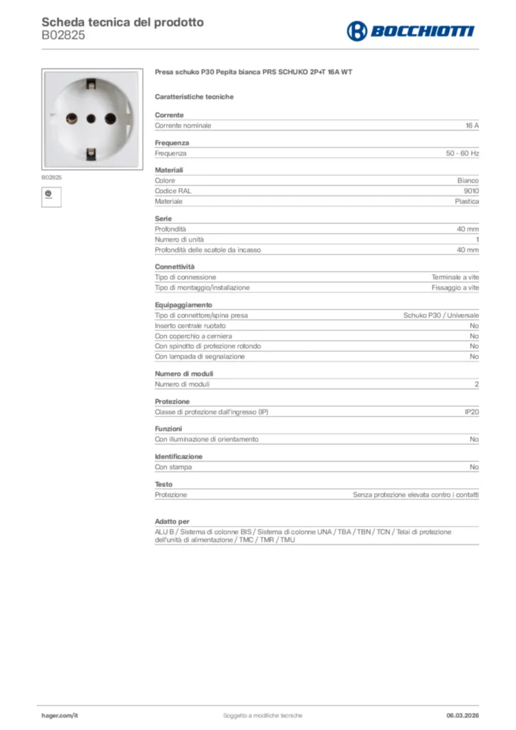 Immagine Bocchiotti Scheda tecnica del prodotto B02825 | Hager Italia