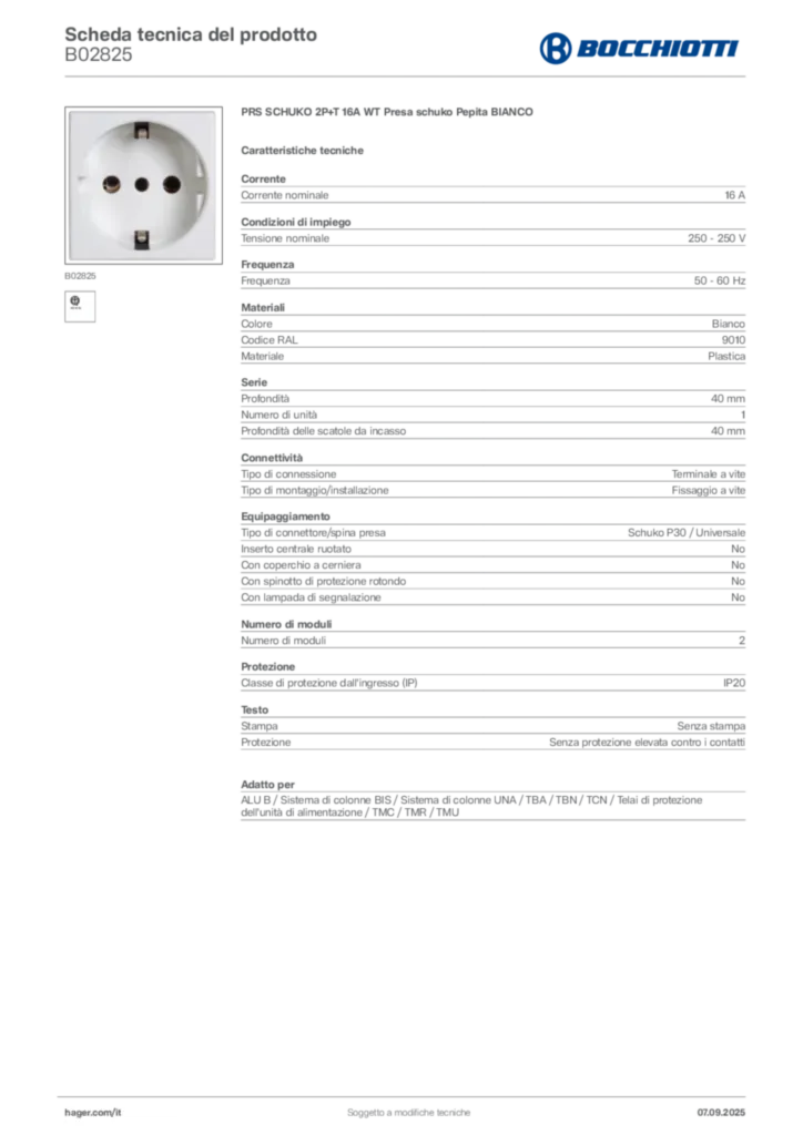 Immagine Bocchiotti Scheda tecnica del prodotto B02825 | Hager Italia
