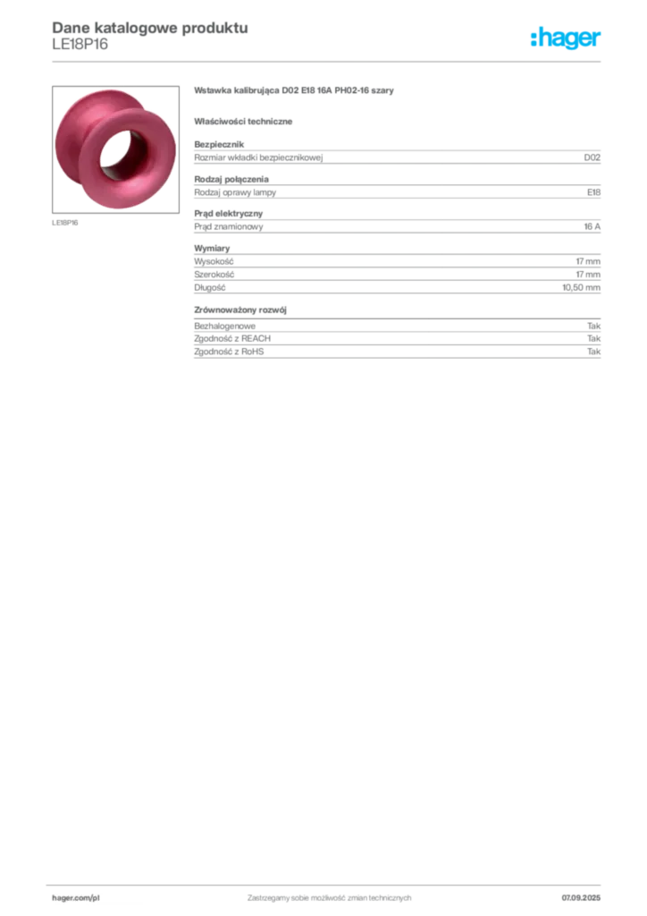 Zdjęcie Hager Dane katalogowe produktu LE18P16 | Hager Polska