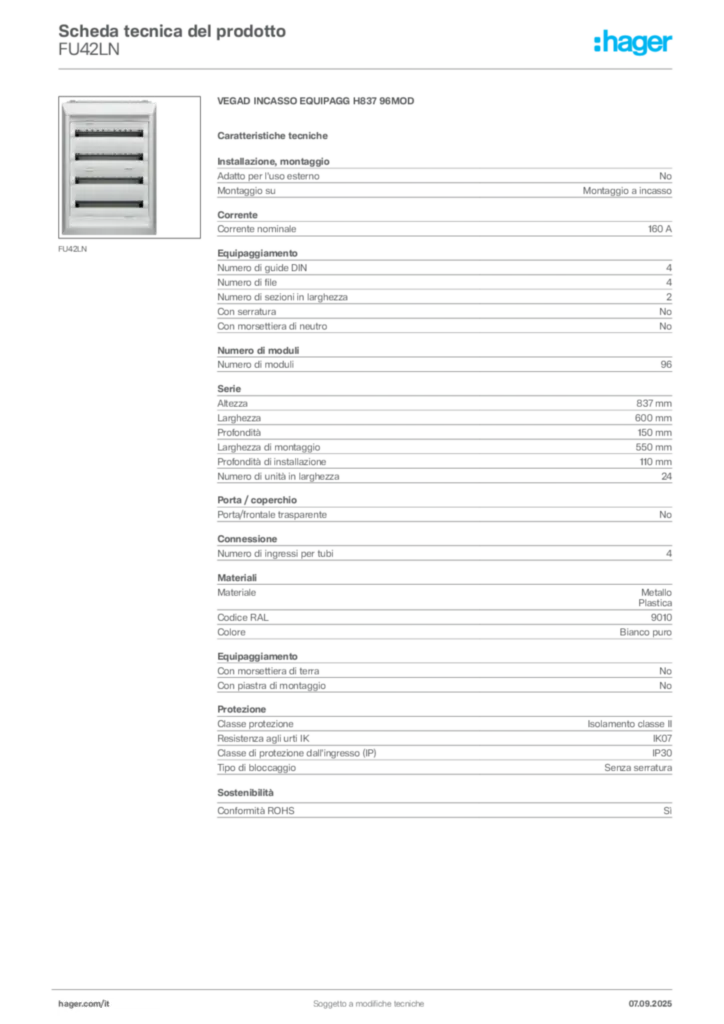 Immagine Hager Scheda tecnica del prodotto FU42LN | Hager Italia
