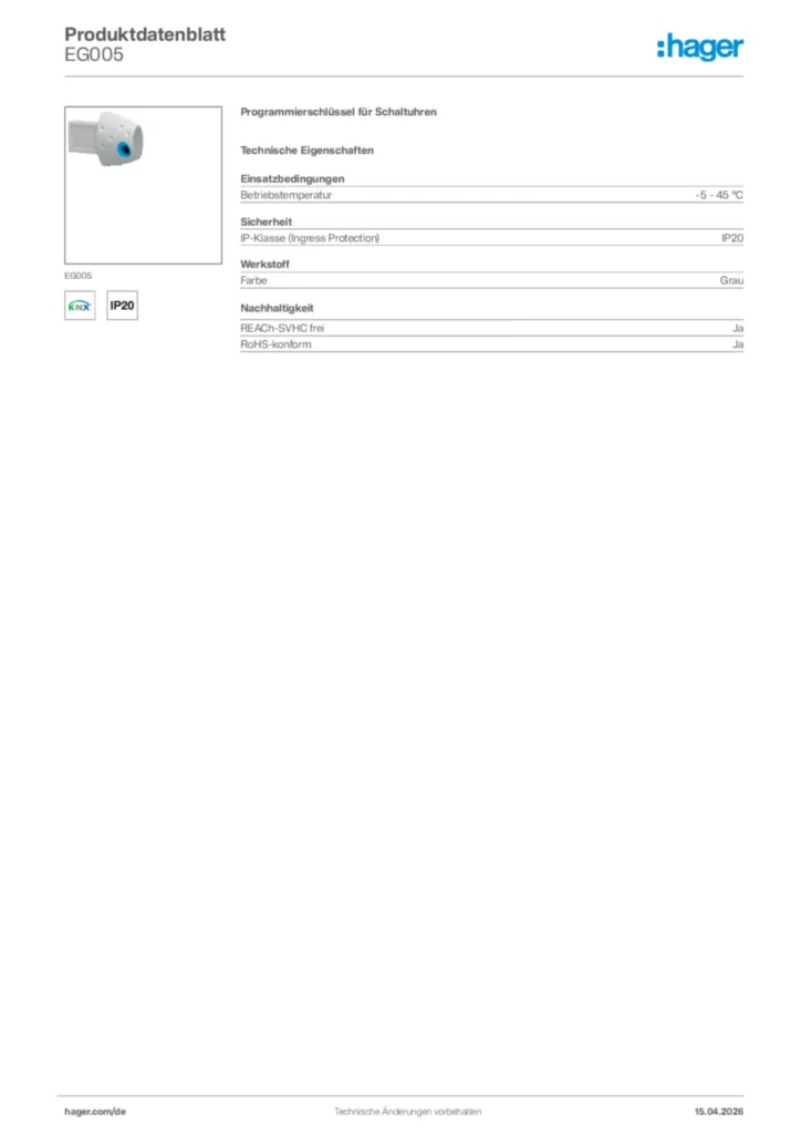Bild Hager Produktdatenblatt EG005 | Hager Deutschland