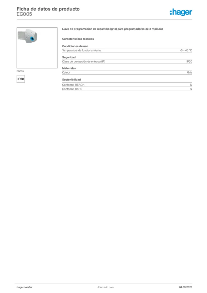 Imagen Hager Ficha de datos de producto EG005 | Hager España