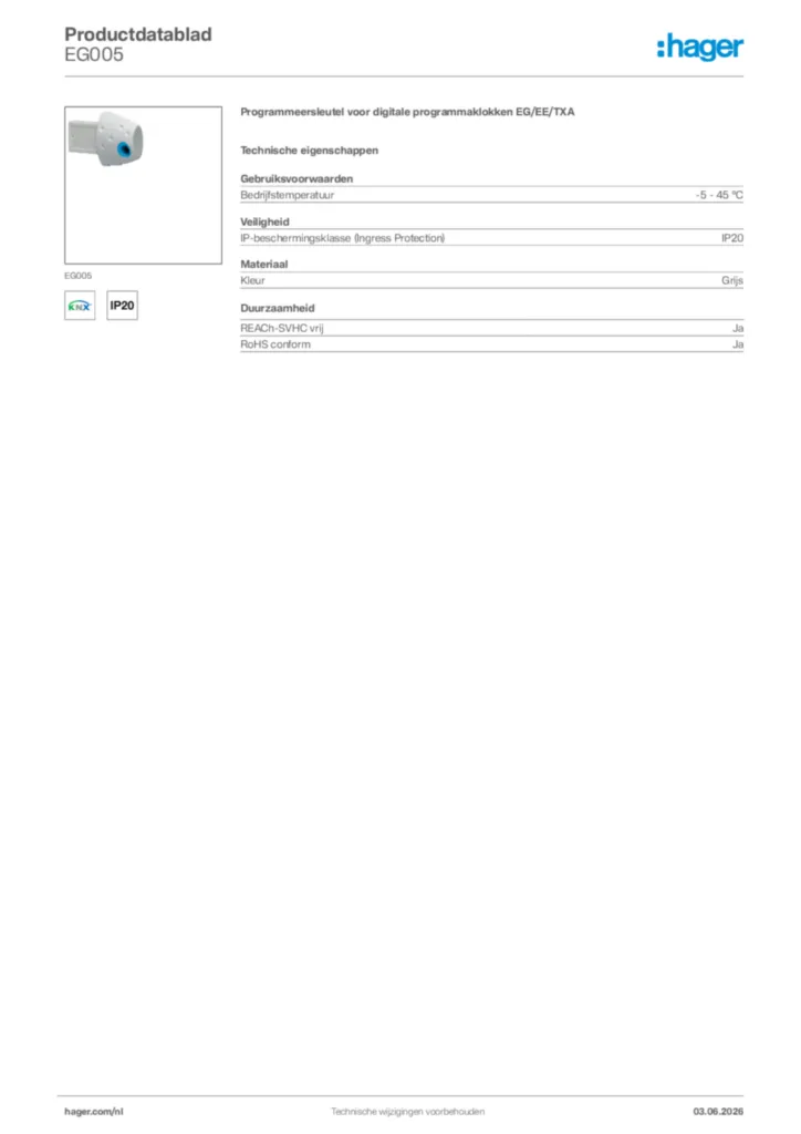 Afbeelding Hager Productdatablad EG005 | Hager Nederland