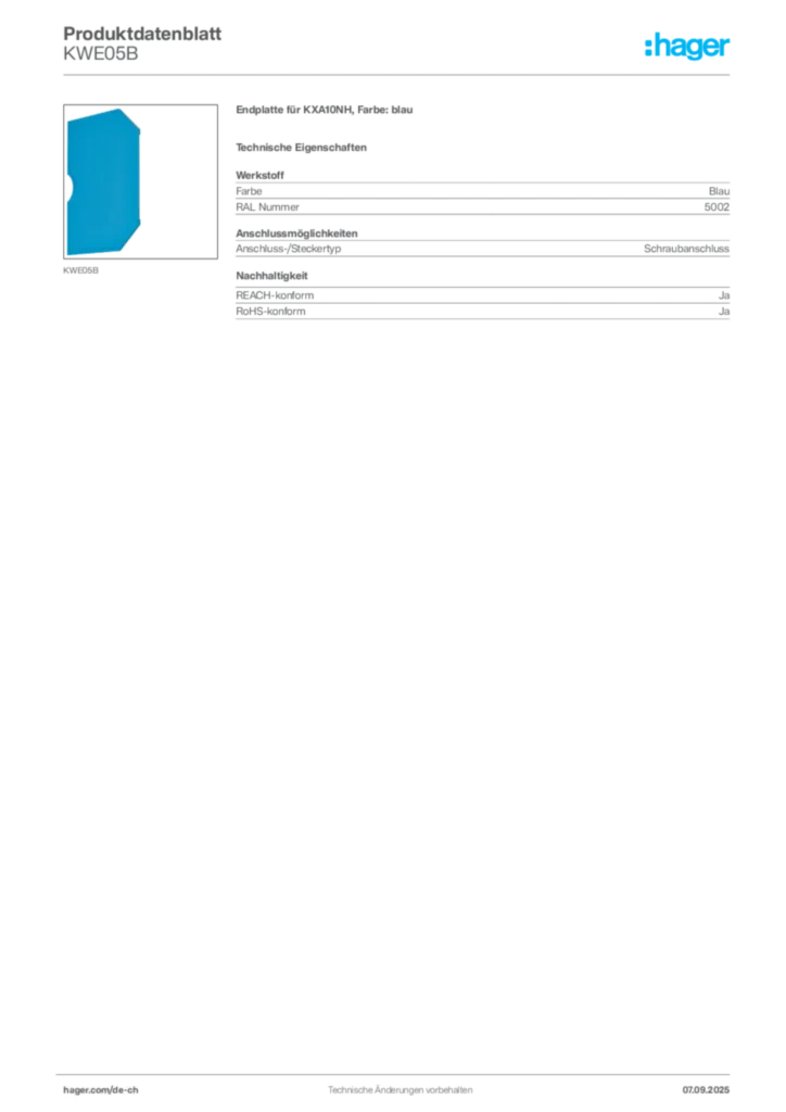 Bild Hager Produktdatenblatt KWE05B | Hager Schweiz