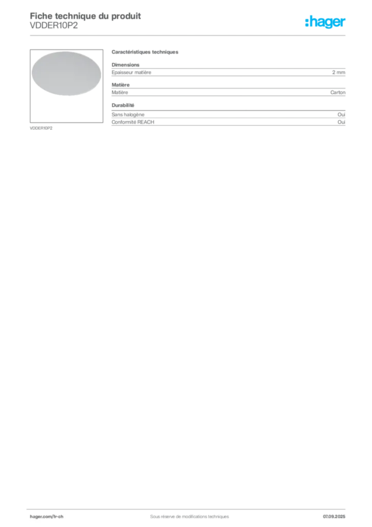 Image Hager Fiche technique du produit VDDER10P2 | Hager Suisse