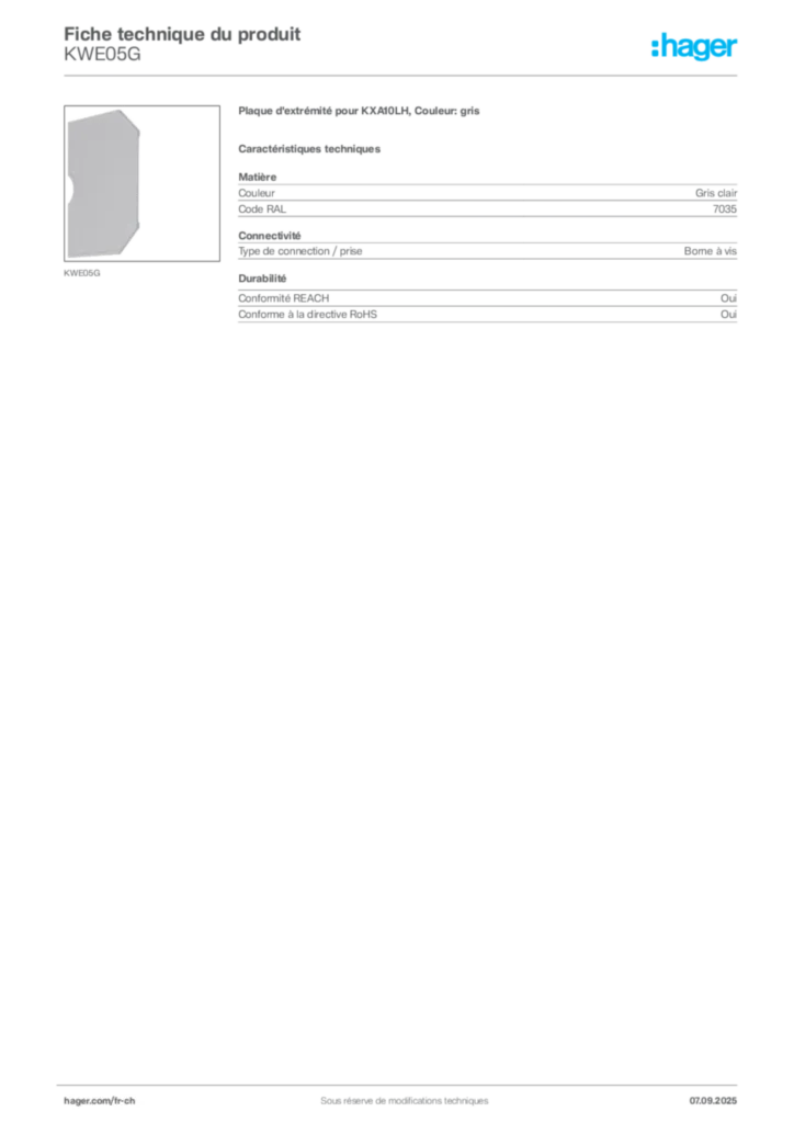 Image Hager Fiche technique du produit KWE05G | Hager Suisse