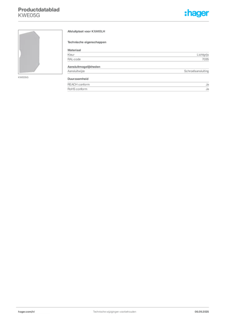 Afbeelding Hager Productdatablad KWE05G | Hager Nederland