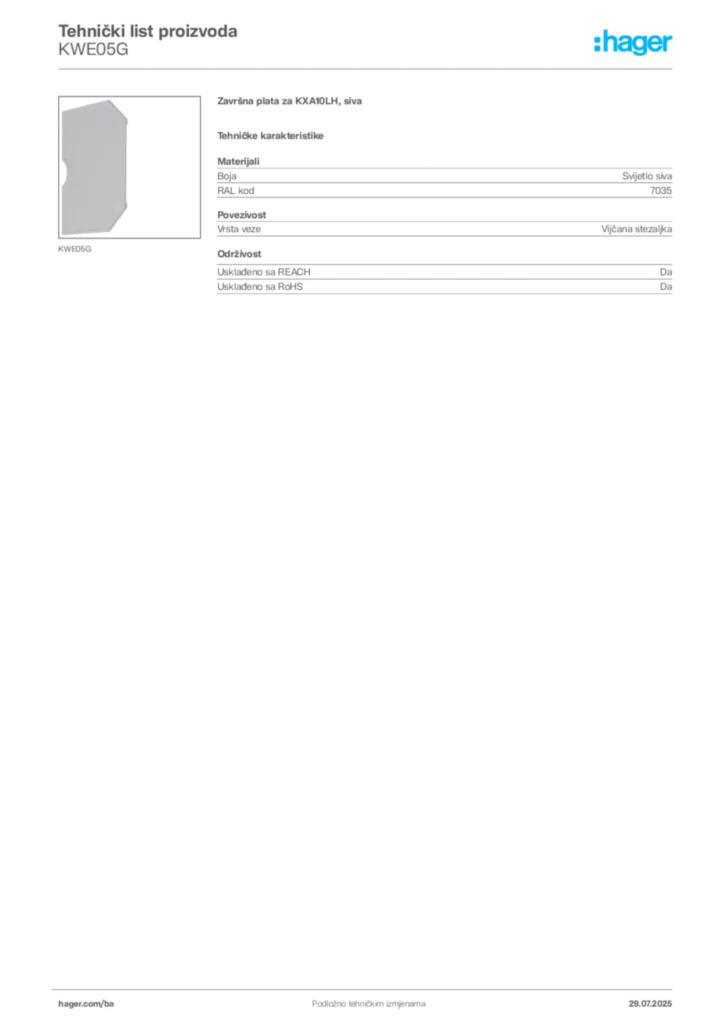 Slika Hager Product data sheet KWE05G  | Hager