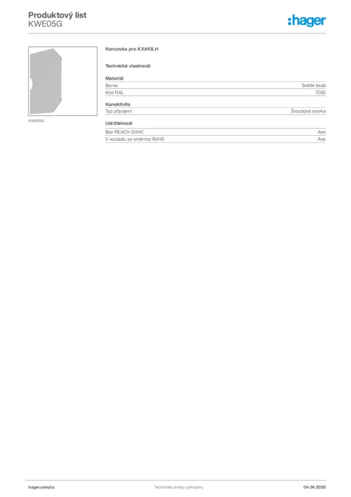 Obrázek Hager Product data sheet KWE05G | Hager