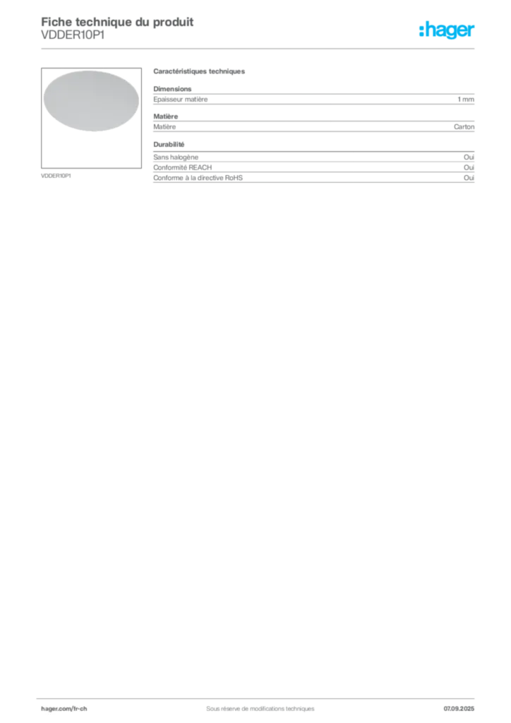 Image Hager Fiche technique du produit VDDER10P1 | Hager Suisse