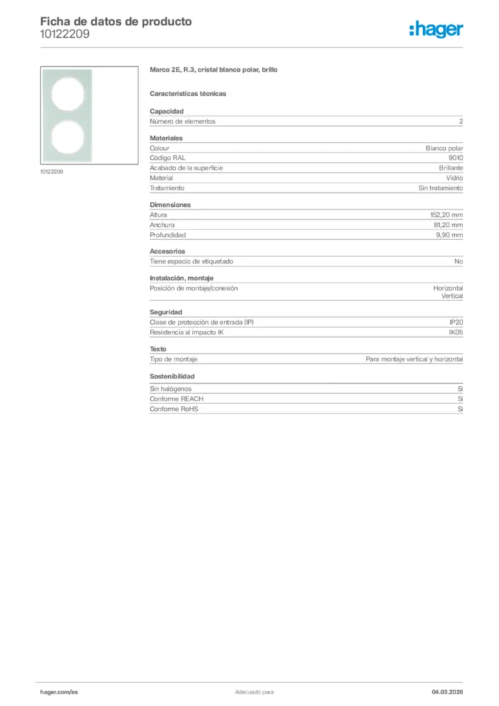 Imagen Hager Ficha de datos de producto 10122209 | Hager España