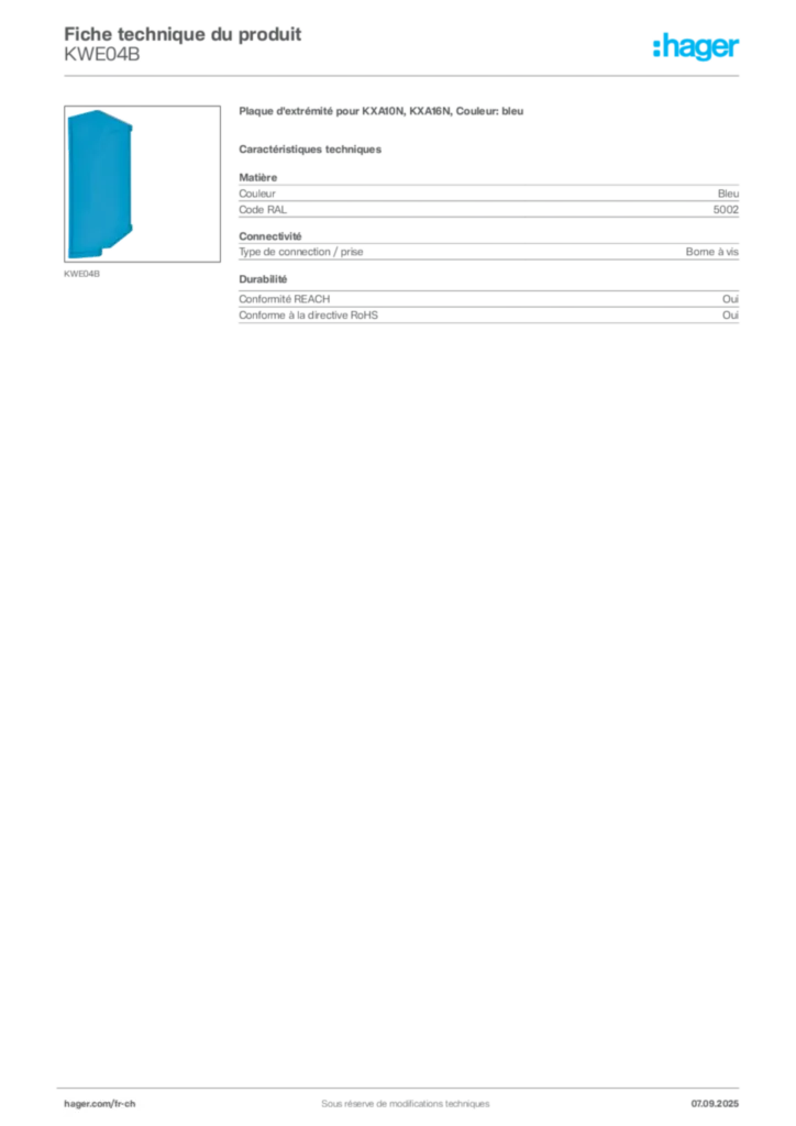 Image Hager Fiche technique du produit KWE04B | Hager Suisse
