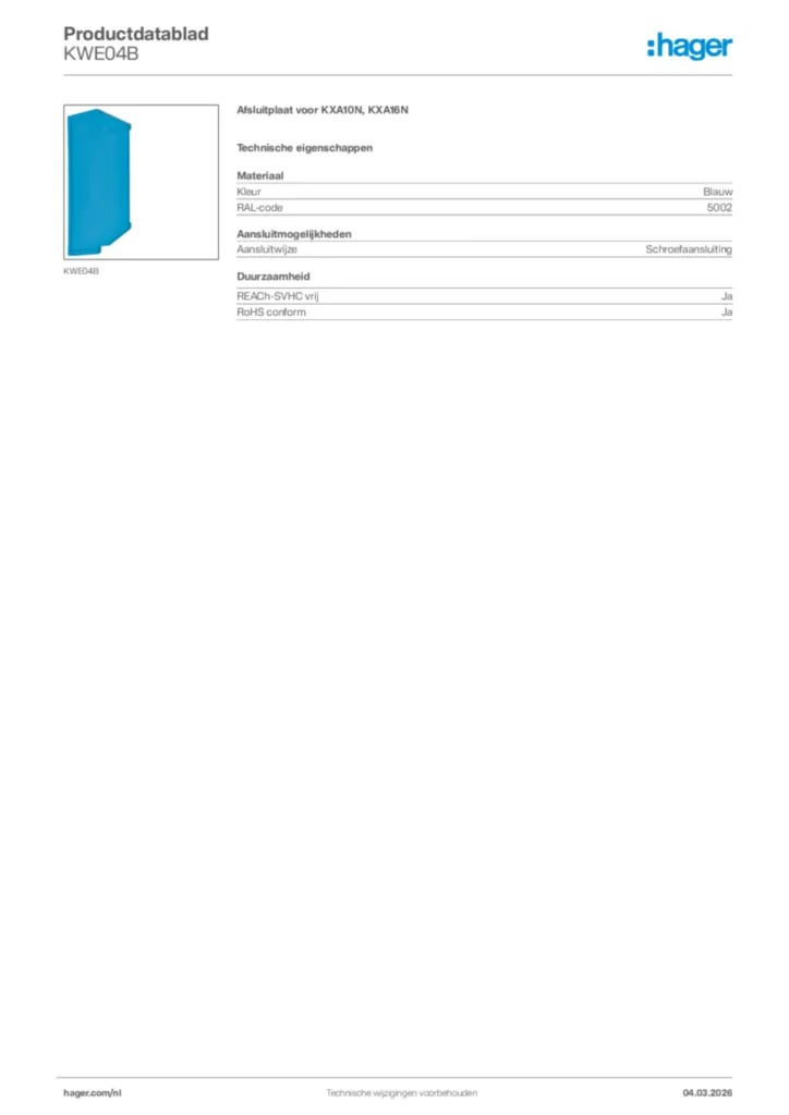 Afbeelding Hager Productdatablad KWE04B | Hager Nederland