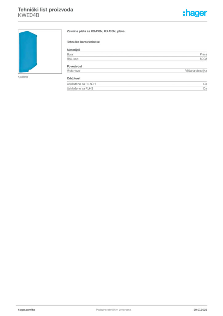 Slika Hager Product data sheet KWE04B  | Hager
