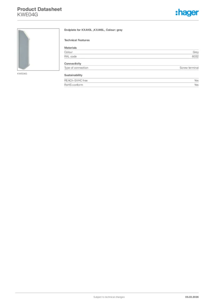 Image Hager Product data sheet KWE04G  | Hager Africa