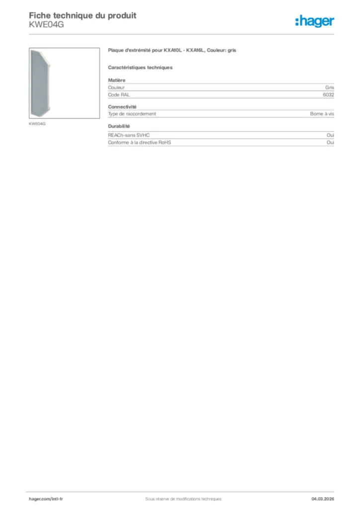 Image Hager Fiche technique du produit KWE04G | Hager Afrique