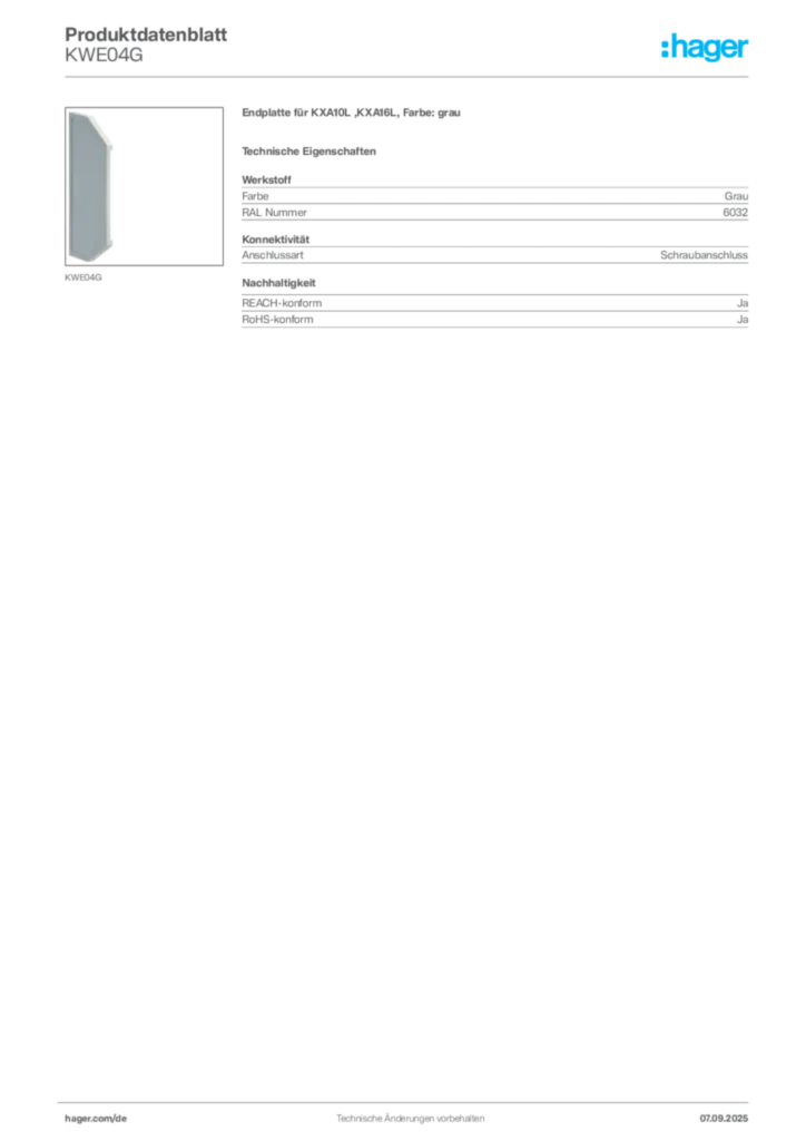 Bild Hager Produktdatenblatt KWE04G | Hager Deutschland