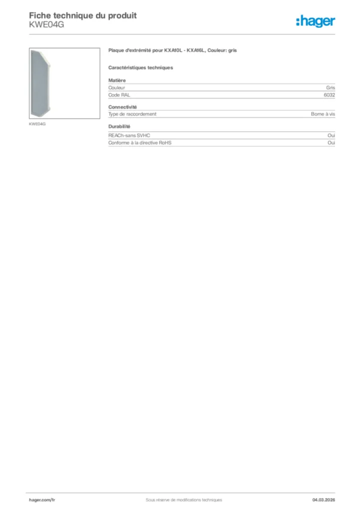 Image Hager Fiche technique du produit KWE04G | Hager France